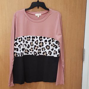 Perfect Peach, NWOT, pink, leopard, black block long sleeve sweater top, XL